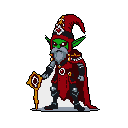 A regal, green-skinned goblin or gnome, rendered in detailed pixel art, stands confidently with a staff, exuding an aura of fantasy power with its elaborate red and gold attire.