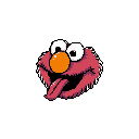 This pixel art captures Elmo's playful energy with a wide grin and tongue sticking out. The vibrant red, orange, and magenta colors bring the iconic Sesame Street character to life in a cheerful and mischievous expression.