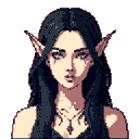 This pixel art portrait features a gothic elf with a slightly melancholy expression, her dark makeup and cross necklace adding to the mysterious vibe. Her direct gaze and neutral expression create an intriguing connection with the viewer.
