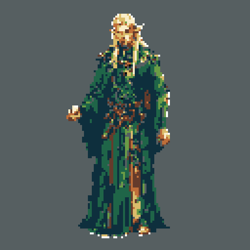 A pixel art elf stands centered, wearing a long green robe with gold accents and sporting classic fantasy features like pointed ears and flowing blonde hair. The muted, earthy color palette evokes a nostalgic RPG vibe.