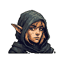 This pixel art portrait depicts a weary-looking elf, cloaked and hooded, with a mysterious and melancholic air. The focus is on their face and pointed ear, hinting at a cautious and thoughtful character.
