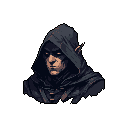 A mysterious, hooded figure with glowing eyes emerges from the darkness, their sharp features and pointed ear hinting at an elven or human heritage. The portrait exudes an aura of stealth and intrigue, suggesting a rogue or cloaked wanderer gazing intently into the unknown.