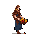 A charming pixel art elf maiden presents a basket overflowing with ripe fruit. Her gentle expression and earthy tones evoke a sense of harvest and rustic fantasy.