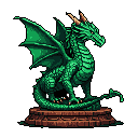 This detailed pixel art showcases a majestic, seated green dragon statue with intricately rendered scales and wings. Perched atop a tiered pedestal, the dragon exudes ancient power and a contemplative gaze. The artwork evokes a classic fantasy feel with its vibrant color palette and meticulous pixelated details.