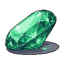 A dazzling, faceted emerald gemstone rendered in detailed pixel art commands attention with its luminous highlights and cool-toned shadows. The precious gem, reminiscent of a fantasy treasure, is showcased against a stark black background, emphasizing its solitary brilliance.