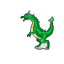 A vibrant, pixelated theropod roars against a stark black backdrop, its lime green scales and energetic pose radiating retro charm.