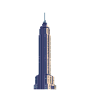 This pixel art captures the iconic Empire State Building in muted blues and grays, its towering form illuminated by subtle yellow and white window lights. The simple color palette and detailed structure evoke a sense of nostalgia, highlighting the building's grandeur.