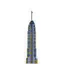 This pixel art showcases a tall, blue skyscraper reminiscent of the Empire State Building, its illuminated windows standing out against the dark night. The retro style lends a nostalgic feel to this urban architectural icon.