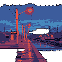 This melancholic pixel art scene captures a quiet, rain-slicked street at twilight, where vibrant streetlights illuminate the path ahead. The retro-futuristic aesthetic and striking color palette create an atmospheric and introspective vibe.