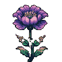 A beautifully detailed pixel art flower in shades of purple, pink, and green blooms against a stark black background. Its vintage aesthetic evokes a sense of simple elegance and retro charm.