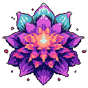 This pixel art showcases a vibrant, multi-layered flower in full bloom, rendered in striking purples, pinks, and teals against a stark black background. The glowing core and radiating form create a mystical and energetic vibe, hinting at a magical or otherworldly flora.