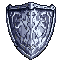 This detailed pixel art showcases a weathered, kite-shaped shield, its surface etched with intricate patterns and battle scars. The monochromatic palette and careful texturing evoke a sense of history and resilience.