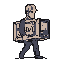 A pixelated figure strides forward, carrying a mysterious, boxy object against a stark void. The minimalist artwork, rendered in a muted palette, evokes a sense of retro gaming and quiet determination.