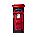 A lone, iconic British pillar box stands proudly in pixel art, its vibrant red form a striking contrast against the stark black background. The Victorian-era design, complete with royal cypher and notice card, evokes a sense of heritage and quiet contemplation.