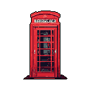 A pixelated British telephone booth, rendered in vibrant red, stands as an iconic and nostalgic symbol against a stark black backdrop. The simple color scheme and retro style highlight the booth's architectural details, creating a striking image with a peaceful yet energetic vibe.