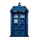 This pixel art showcases the iconic blue police box, the TARDIS from Doctor Who, rendered in detailed blues and whites. The retro style and stark black background highlight the nostalgic and mysterious nature of this classic sci-fi symbol.