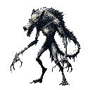 This pixel art showcases a menacing werewolf figure with sharp teeth and claws, rendered in a striking monochromatic palette. The creature's wild fur and imposing pose create an ominous presence.