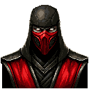 Glowing red eyes pierce the darkness in this pixel art portrait of a ninja-like fighter, reminiscent of Mortal Kombat's Ermac, with a muted red and gray color scheme that amplifies the intense, ominous vibe.