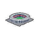 This pixel art image showcases a solitary stadium floating in darkness, rendered in isometric perspective. The architectural icon, with its vibrant green field and muted color scheme, evokes a sense of quiet grandeur and isolation.