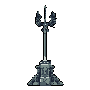 A solitary, weathered monument stands tall, its ornate, winged finial topped with a delicate cross. The tiered base and muted greys evoke a sense of antiquity and solemn dignity in this striking pixel art piece.