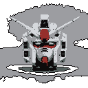 This pixel art portrait showcases a stoic, RX-78-2 Gundam-inspired mecha head with striking red accents against a stark, grayscale backdrop. The detailed, low-resolution style evokes a sense of classic sci-fi and retro gaming nostalgia.