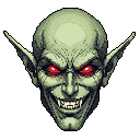 This pixel art depicts a menacing, goblin-like head with a sinister grin and piercing red eyes, conveying a sense of dread and villainy. The creature's intense stare and sharp teeth create an unsettling and confrontational image.
