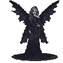 This pixel art depicts a striking gothic figure with bat wings, her contemplative pose and elegant attire radiating dark power and allure against a stark background.