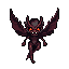 A menacing, winged imp with glowing red eyes hovers against a stark black background, its leathery wings spread wide in a display of ominous power. The pixel art creature's intense gaze and sharp features evoke a sense of otherworldly danger.