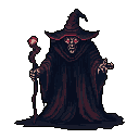 A menacing dark wizard, rendered in striking pixel art, dominates the frame with glowing red eyes and skeletal hands, poised to unleash a formidable spell. Clad in dark robes and clutching a staff topped with a red orb, the figure exudes ominous power against a stark black void.