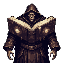 A dark necromancer, face obscured by shadow, clutches a glowing, arcane book filled with mystical sigils. The ominous pixel art portrait evokes a sense of ancient power and dark magic.