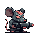 A menacing, anthropomorphic rat with an exposed brain and glowing red eyes clutches a multi-barreled weapon, poised for action. The dark, dramatic pixel art emphasizes the creature's ominous and energetic vibe, hinting at a dangerous, scientifically altered attacker.