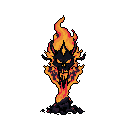 A fiery, pixelated demon head with menacing horns rises from dark embers, its jagged mouth and glowing eyes conveying a sense of ominous power. The vibrant flames engulfing the creature create a dramatic and intensely warm image.