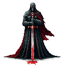 A menacing, armored figure with glowing red eyes stands in stark darkness, clutching a blood-stained sword. The character's red cape and the blood on the sword create a chilling contrast against the dark armor, amplifying the ominous atmosphere.