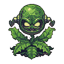 This pixel art features a menacing, cartoonish plant monster with a skull-like face and glowing eyes, its head resembling a damaged planet adorned with mechanical devices. The eerie creature's grim expression and unique design blend sci-fi and horror elements.