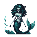 A haunting pixel art mermaid with spectral features and a detailed tail emerges from the darkness. Her gaunt appearance and eerie aura create an ominous and gothic vibe.