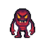 A menacing, egg-shaped red monster with glowing yellow eyes and a toothy grin exudes aggression. The pixel art character's simple pose and sharp features create a threatening presence.