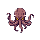 A menacing, mauve-purple pixel art octopus floats in the void, its bright yellow eyes conveying a sense of watchful intensity. The creature's poised stance and isolating black background create an ominous and captivating image.