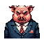 This pixel art portrays a stern, suited pig with a slightly menacing expression. The formal attire and upright posture suggest a figure of authority with questionable intentions. The limited color palette and focus on the subject enhance the imposing presence.