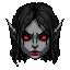 A striking pixel art portrait captures an elven-like figure with piercing red eyes and lips that pop against a grayscale face. The intense gaze and shadowed features create an ominous yet captivating impression.