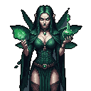 A powerful elven figure, wreathed in swirling green energy, is captured in striking pixel art. She holds a potion in one hand and raw magic in the other, her intense focus hinting at a potent spell about to be unleashed.