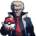 A menacing, pixelated older man, reminiscent of a Pokémon villain, presents a Poké Ball with a sinister grin. His angled pose and direct gaze create an unsettling, confrontational vibe.