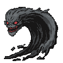 A menacing, skull-faced entity composed of swirling shadow energy dominates this pixel art creation. Glowing red eyes and sharp teeth accentuate the creature's ominous and terrifying presence as it emerges from the void.