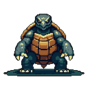 A powerful, pixelated turtle with glowing yellow eyes stands guard, its imposing figure radiating strength and an ominous presence.