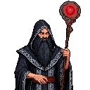 A pixelated portrait captures an imposing elderly wizard with piercing eyes, clutching a glowing red-orb staff. The stern sorcerer, robed in darkness, emanates ancient power and a hint of ominous mystery.