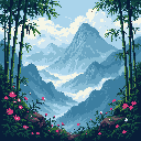 Pixel art captures a serene valley vista, with layered mountains receding into a misty distance and framed by lush bamboo and delicate pink flowers. The tranquil scene evokes a feeling of peaceful solitude and nostalgic awe for nature's grandeur.