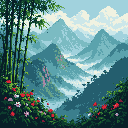 This pixel art showcases a tranquil mountainous landscape, framed by lush bamboo and vibrant wildflowers. Layers of misty mountains fade into the distance, creating a serene and vast scene.