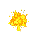 A vibrant pixel art explosion bursts forth with fiery yellows and oranges, conveying a sense of immediate power and destruction. The upward motion and scattered sparks amplify the intensity of the centered blast.