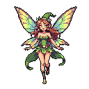 A whimsical pixel art fairy, adorned in green and brown hues, hovers with inviting eyes and intricate wings. Her dynamic pose and vibrant colors create an enchanting and fantastical image.