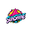 Retro-futuristic pixel art explodes with energy as the word "SUNSHINE" bursts from a jagged, neon-colored abstract shape. The vibrant, 80s-inspired color palette of pink, cyan, yellow, and lavender creates a playful and nostalgic vibe.