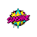 This pixel art features the word "SUNSHINE" in a retro, glitchy font, bursting with vibrant pink, yellow, and cyan neon colors. The explosive starburst design evokes a sense of 80s arcade energy and pop art.